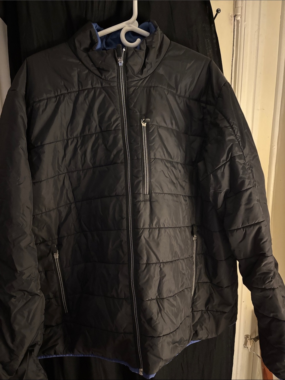 Lands' End Men's Black Quilted Puffer Jacket with Blue Lining-Primaloft-XXL
